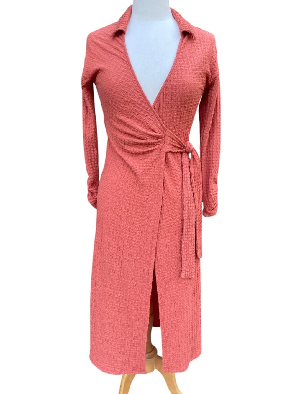 By Anthropologie Rust-Orange Waffle Textured Midi Wrap Dress French Girl-XXS